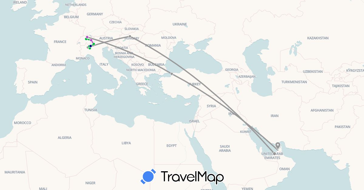 TravelMap itinerary: driving, bus, plane, train in United Arab Emirates, Switzerland, Hungary, Italy, Turkey (Asia, Europe)